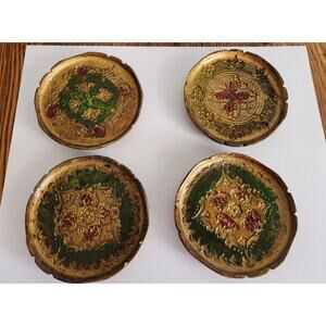 Set of 4 Vintage Italian Florentine Gold Gilt Hand Painted Wooden Coasters